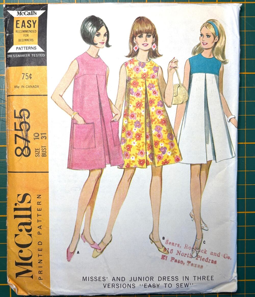 1960’s McCall’s 8755 Sleeveless Yoked MOD Dress sz 10 bust 31